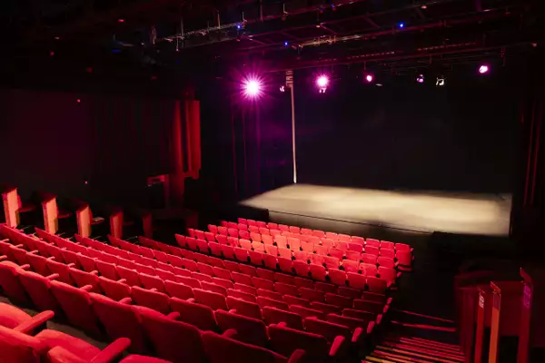 A performance space at Contact. Rows of red seats overlook a stage.