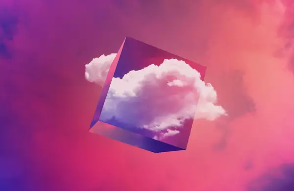 Dream Space podcast artwork, a transparent cube in front of purple hazed clouds.