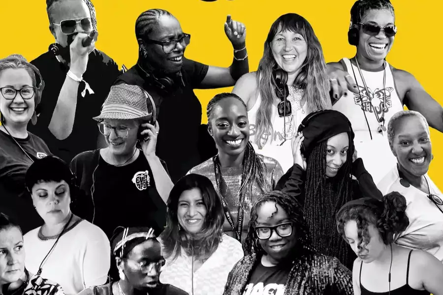 Black and white collage of people smiling and DJing on a yellow background