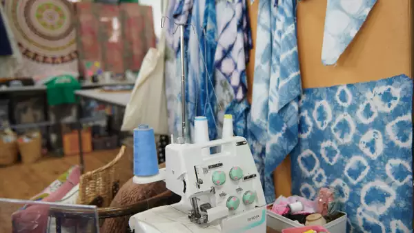 Photos of a sewing machine and materials