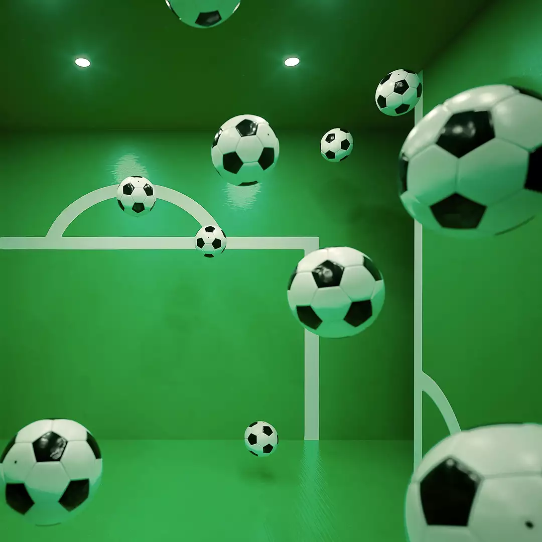 Multiple floating footballs inside a green room with white goalpost markings on the walls. The perspective and reflections create an illusion of depth, making it appear as if the balls are suspended in mid-air.