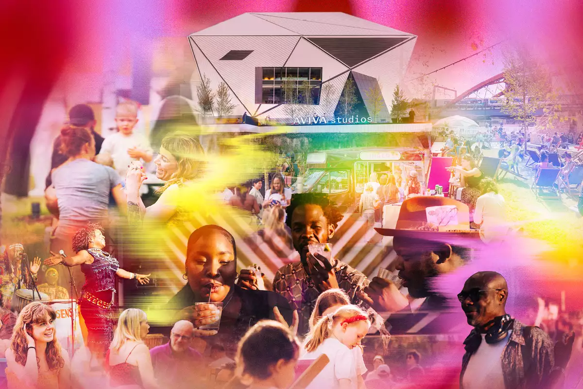A vibrant collage shows people enjoying outdoor events, eating, kids playing, a live singer and food trucks in front of Aviva Studios, with colourful, bright light effects blending the scenes.