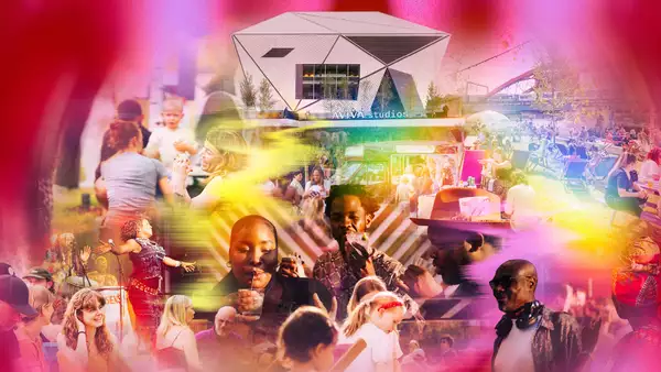 A vibrant collage shows people enjoying outdoor events, eating, kids playing, a live singer and food trucks in front of Aviva Studios, with colourful, bright light effects blending the scenes.