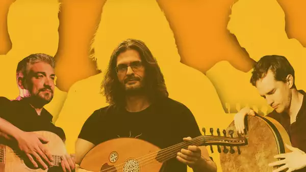 Three musicians play string and percussion instruments in the foreground, while orange silhouettes of other figures appear in the abstract yellow background.