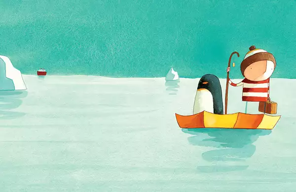 An illustration of a boy and a penguin in a small boat out at sea. Ice bergs are visible in the background.