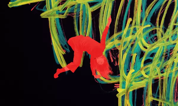 A painting by Michael Beard showing yellow, red and blue lines on a black background. There is a red image of a dancer upside down overlayed on the painting.