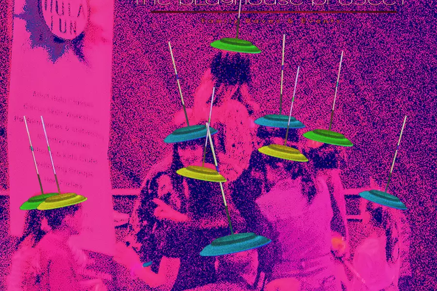 Children with spinning plates on their head – overlayed with a pink blurry filter