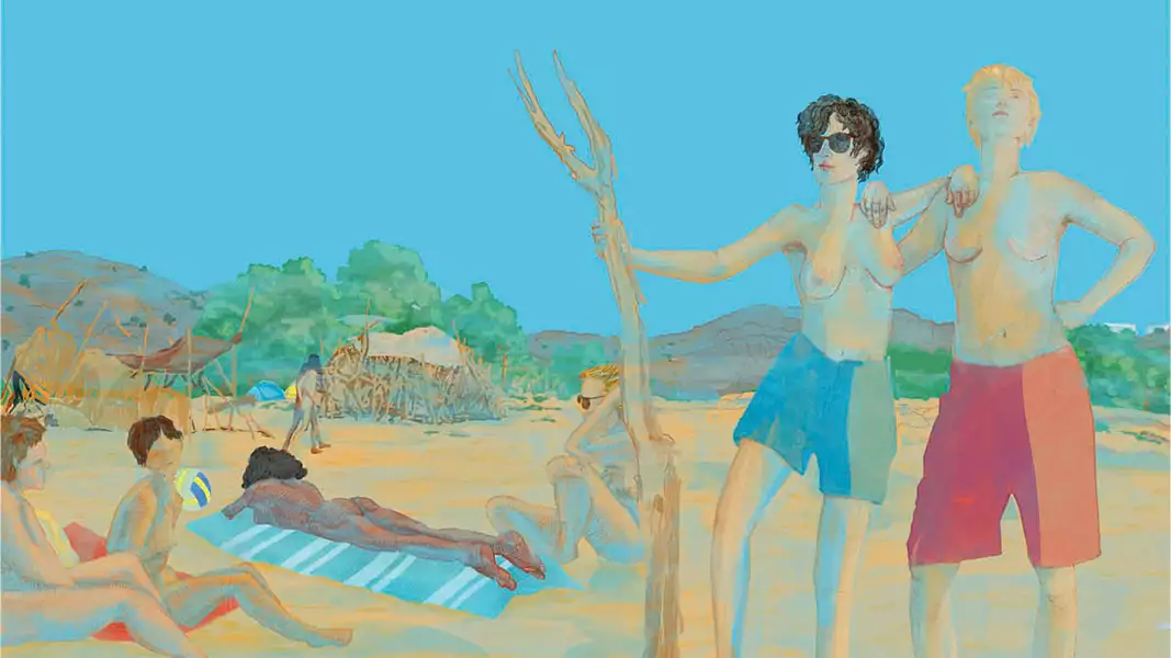 An illustration of some people on the beach sunbathing and posing