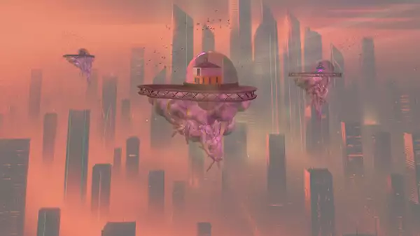 A futuristic cityscape with towering skyscrapers in pink hues. Floating platforms resembling flying saucers hover above the city. One shows the Manchester pub Peveril of the Peak. The platforms are upheld by jellyfish-like formations with tendrils dangling beneath. Swarms of birds fly around the scene.