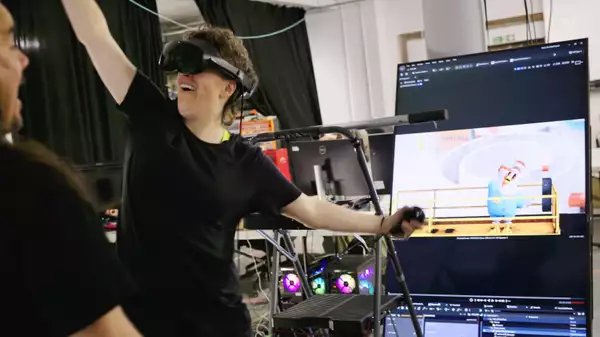 A person wearing an Oculus Pro headset during the production of Sweet Dreams