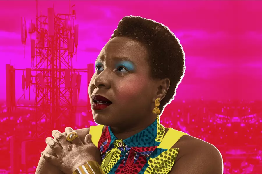 Transmission Towers wearing bright, colourful clothing and bold makeup gazes upward set against a hot pink cityscape background featuring a large telecommunications tower.