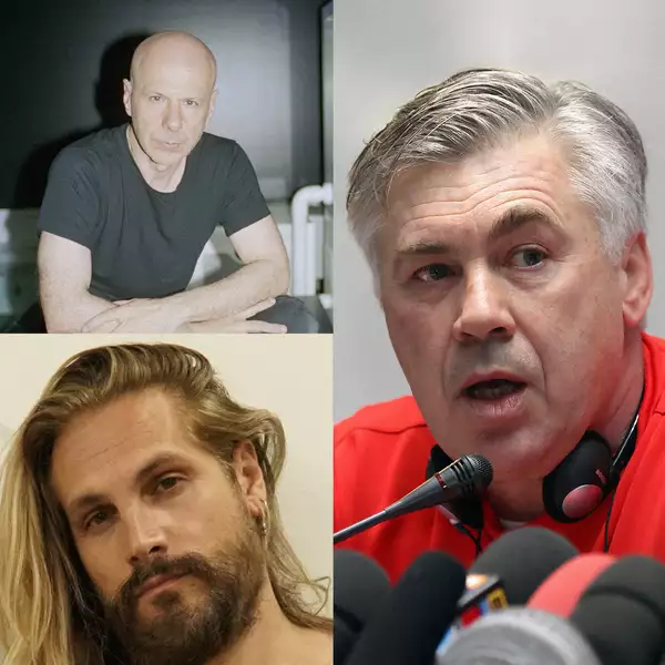 Composite image of Philippe Parreno (top left), Marco Perego (bottom left) and Carlo Ancelotti (right)