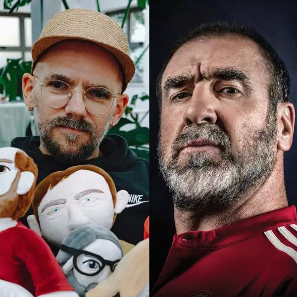 Composite image of Ryan Gander (left) and Eric Cantona (right)