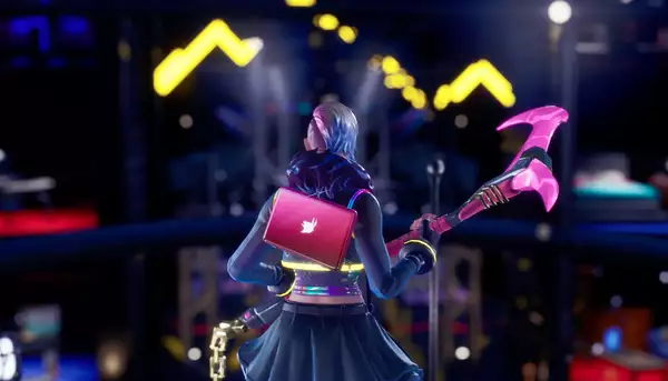 A screenshot taken in Fortnite, showing artist LaTurbo Avedon from behind, looking out at their art installation in Fortnite Creative