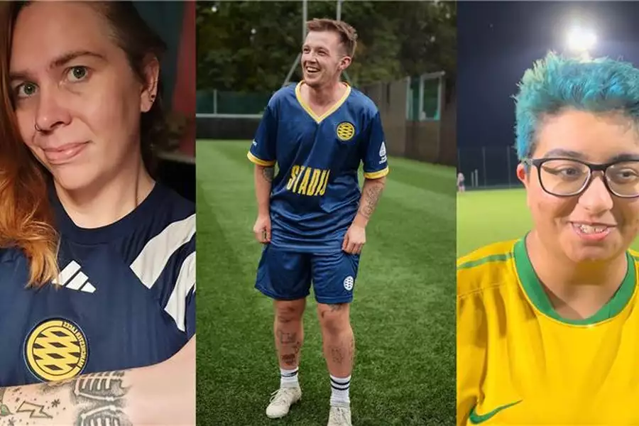 Composite image of three people wearing football shirts and kits